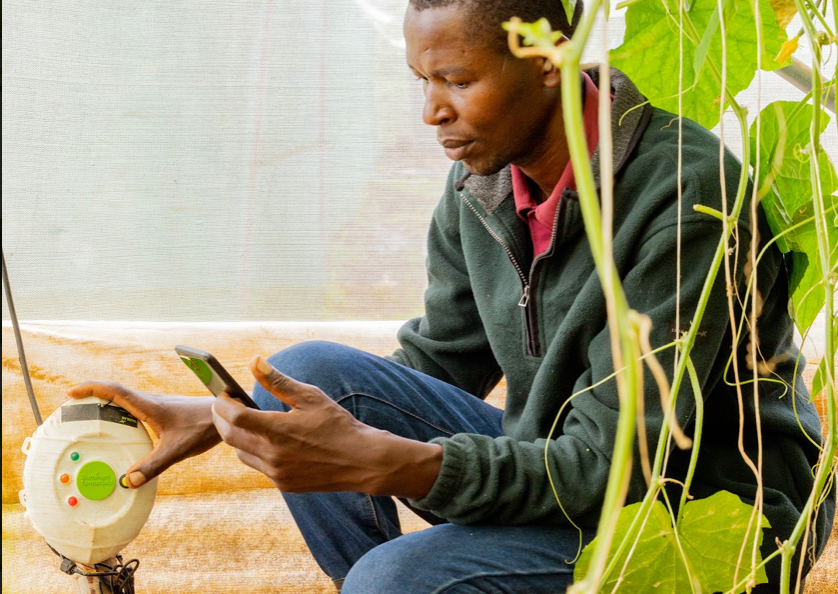 A farmer in a greenhouse with his phone on twitching on his AI Powered FarmShield